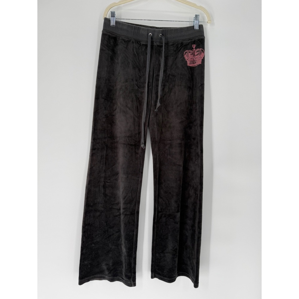 Vintage Juicy Couture Pants Gray Velour Pink Rhinestone Crown Sweats Medium Y2K
